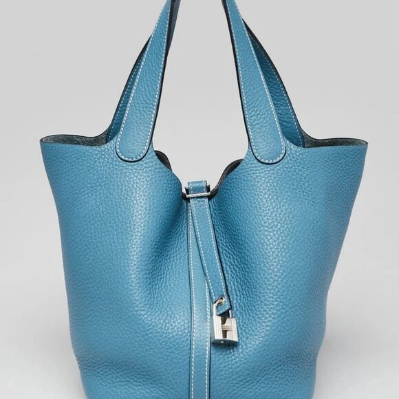 Hermes 22cm Blue Jean Clemence Leather Picotin Lock Bag - Picture 1 of 12